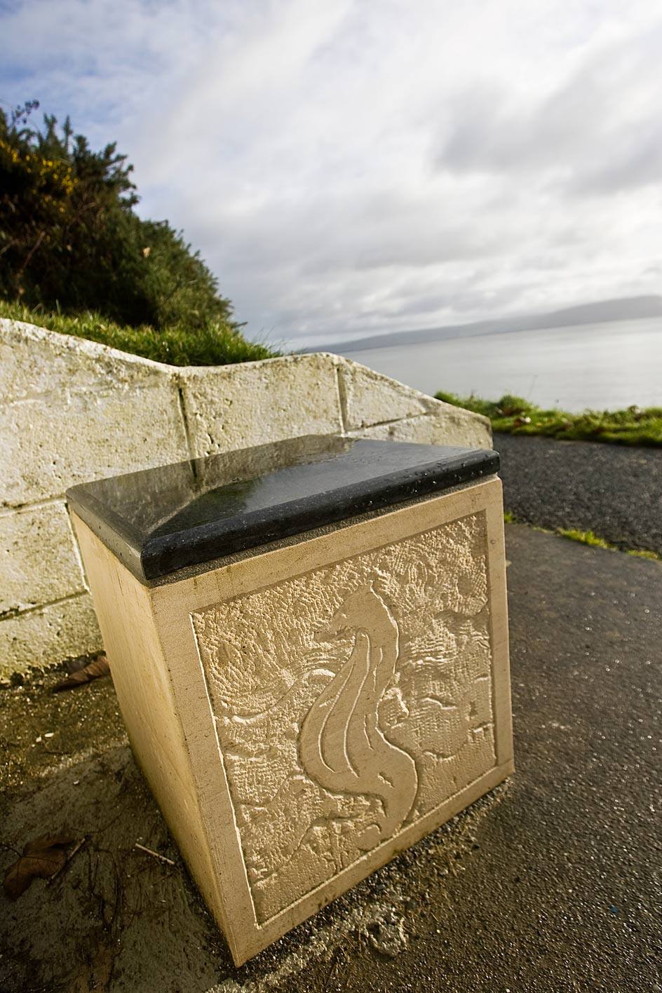 carving on the side of the Moville Benches